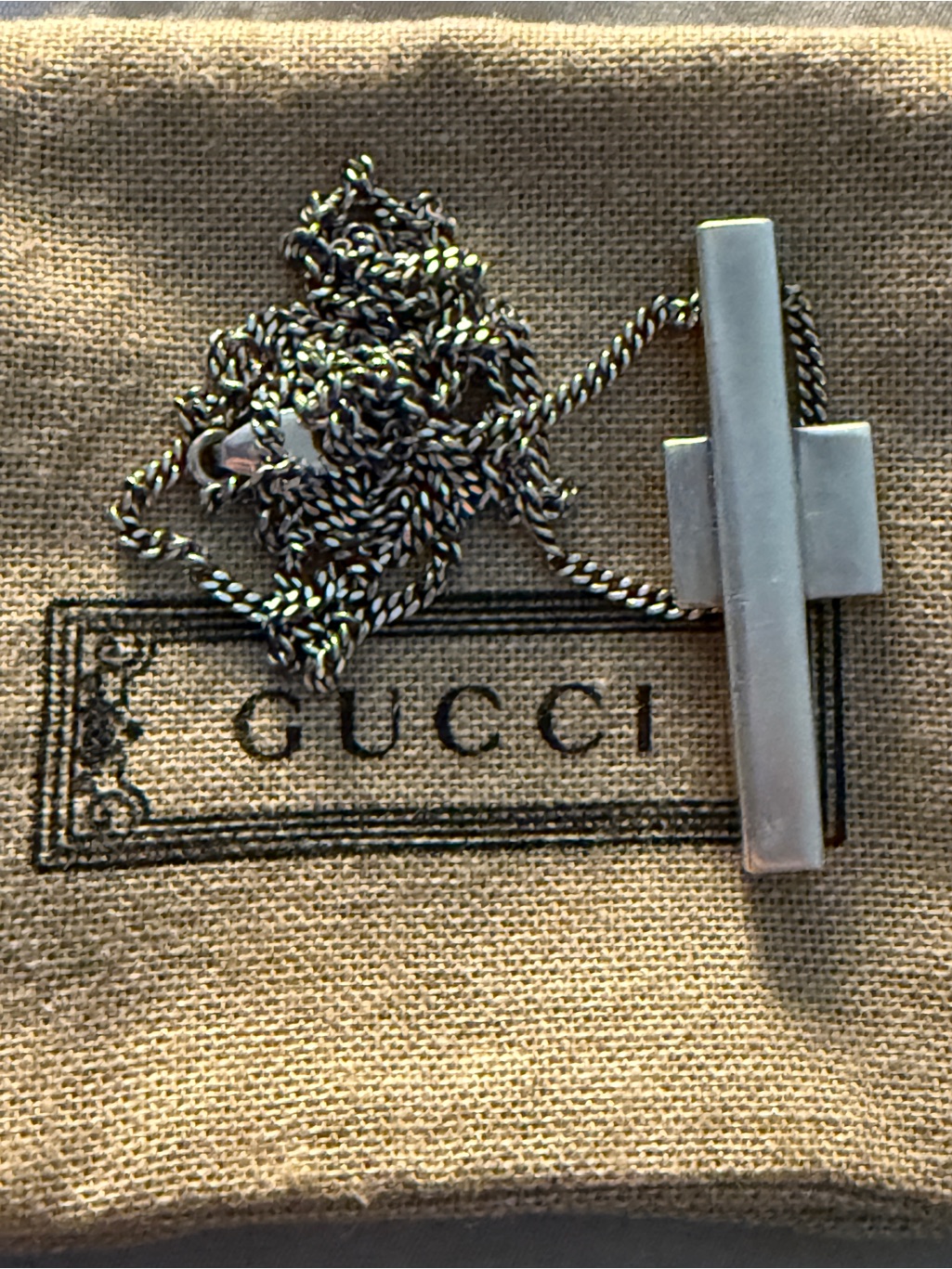 Auth Gucci 925 Sterling Silver Cross Necklace. Comes With A Pouch And Box